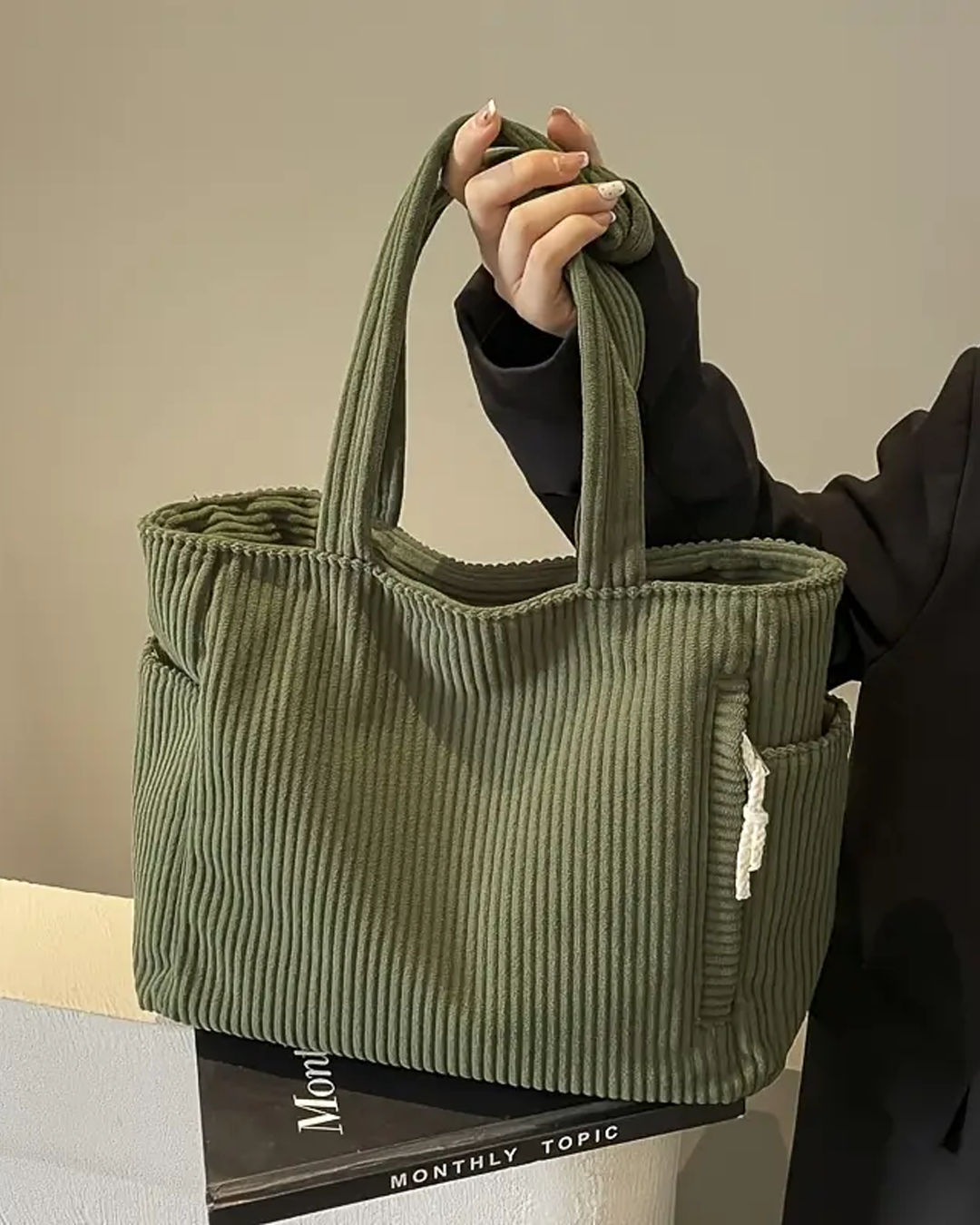 Sue – Corduroy Handbag with Drawstring Detail