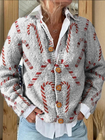 Festive Candy Cane Decorative Pattern | Buttoned Cardigan Sweater