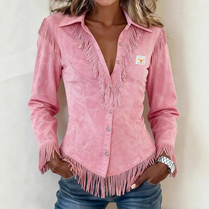 Sara │ Fringe Suede Button-Up Blouse