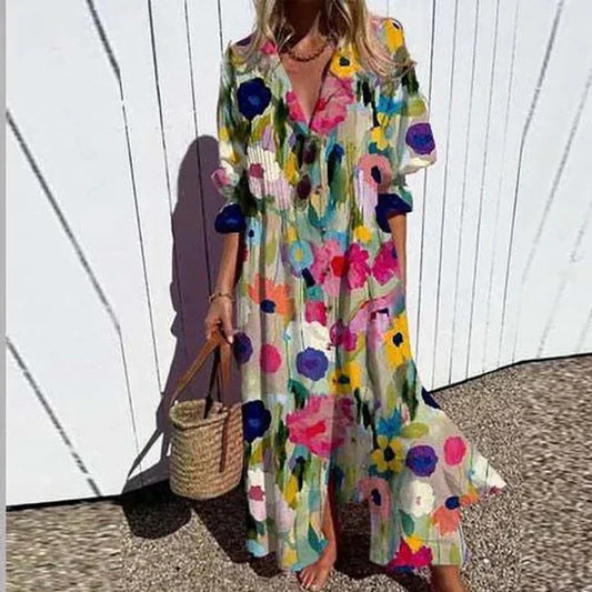 Merita - Boho Maxi Dress With V Neck For Women