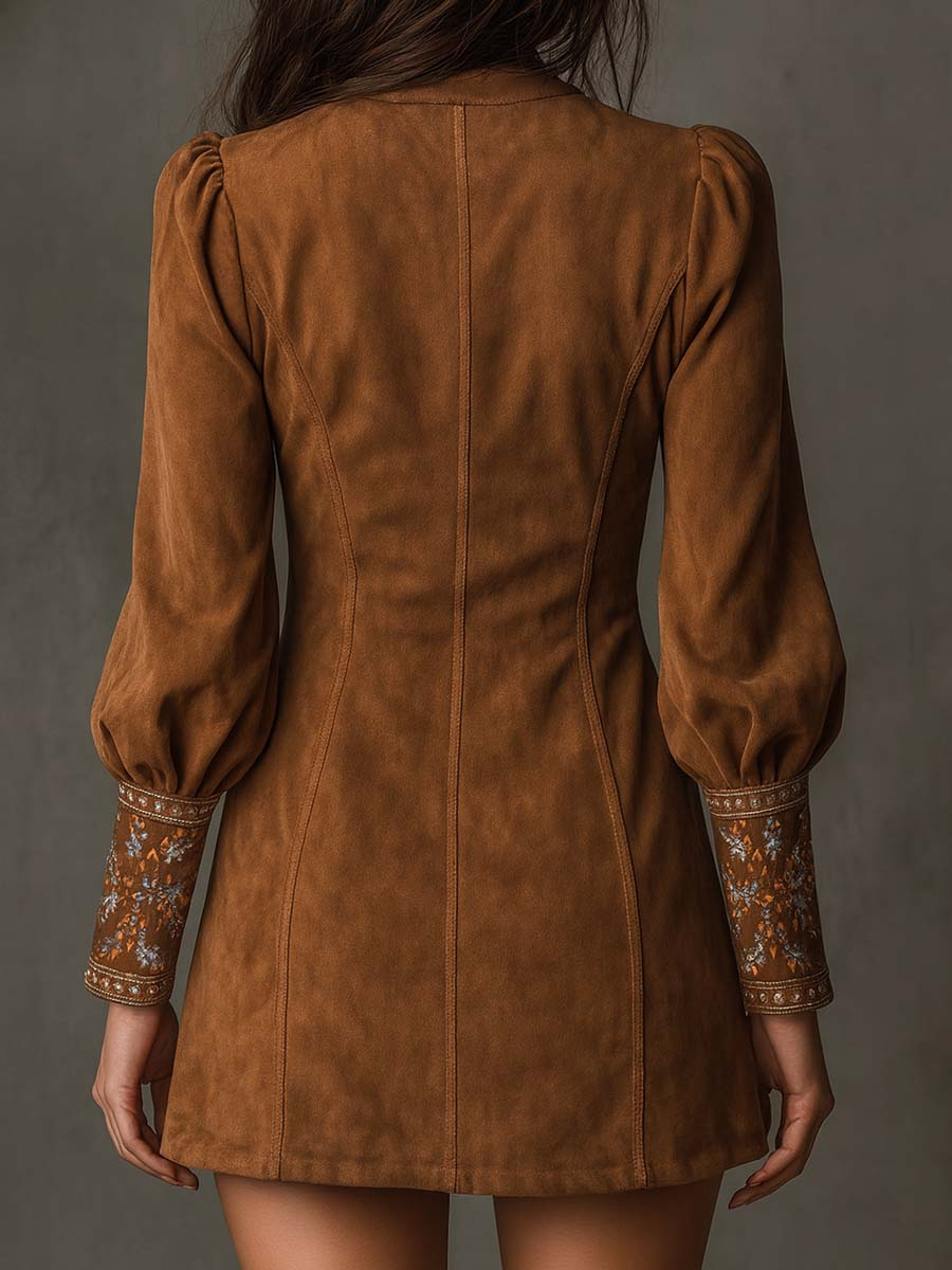 Kaylee | Vintage Brown V-Neck Suede Embroidered Mini Dress