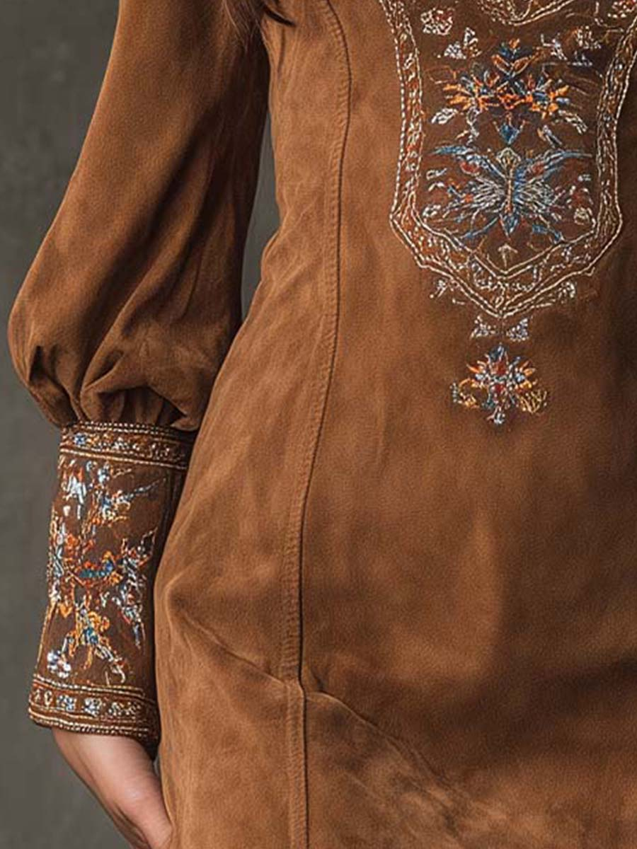 Kaylee | Vintage Brown V-Neck Suede Embroidered Mini Dress
