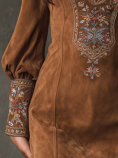 Kaylee | Vintage Brown V-Neck Suede Embroidered Mini Dress