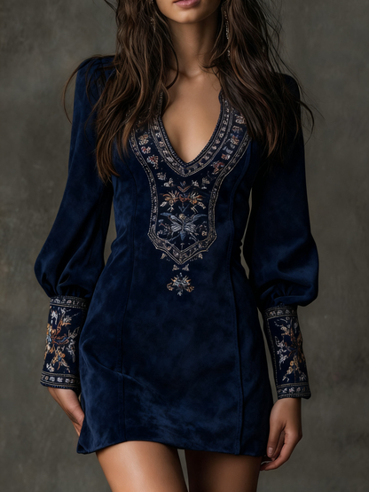 Kaylee | Vintage Brown V-Neck Suede Embroidered Mini Dress